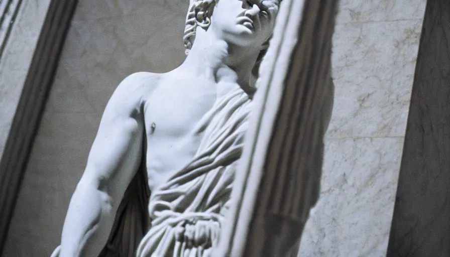 Image similar to 1 9 6 0 s movie still close - up of caligula in white toga stabbed by senators on marble stairs, cinestill 8 0 0 t 3 5 mm, high quality, heavy grain, high detail, dramatic light, anamorphic, detailed beard