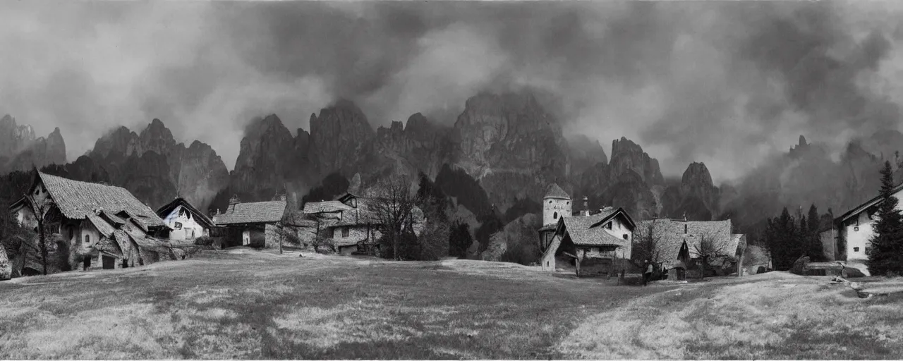 Image similar to 1920s black and white photography of an isolated old village with ghostly wood buildings in the dolomites, big tyrolean solstice fire