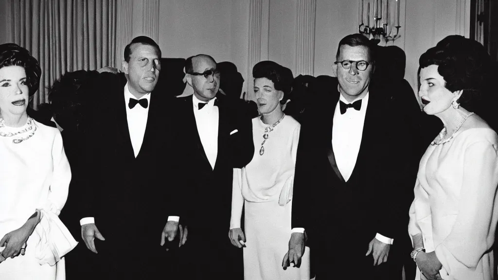 Prompt: a vintage color kodachrome photograph of cthulhu in a tuxedo at a fundraising in the white house with jfk in 1 9 6 3