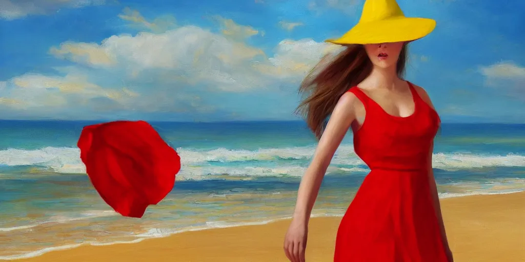 Image similar to beautiful oil matte portrait painting, young woman with red dress and mustard yellow summer hat at a beach on a sunny day, wonderful masterpiece highly detailed, beautiful cinematic light deep focus, elegant, digital painting, smooth, sharp focus, golden ratio, dramatic illumination, ultra realistic, 8 k, art by jimmy law