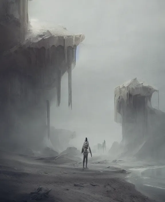 Image similar to surreal epic, masterpiece, romantic white exploration base, ancient ochre palette, impossible architecture by ruan jia, mecha floor, futuristic, blame, white architecture in the beach in iceland, foggy, highly detailed, digital painting, arstation, concept art, hyperealistic octane render, unreal engine