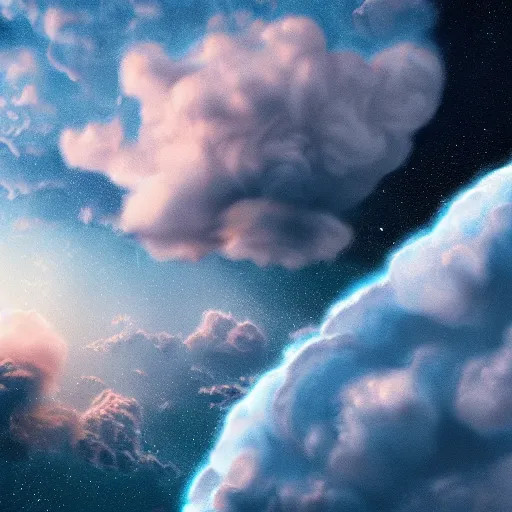 Prompt: puffy peaceful astronaut clouds, matte painting, 4k
