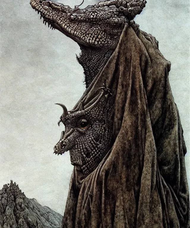 Image similar to A detailed horned crocodilewoman stands among the hills. Wearing a ripped mantle, robe. Perfect faces, extremely high details, realistic, fantasy art, solo, masterpiece, art by Zdzisław Beksiński, Arthur Rackham, Dariusz Zawadzki