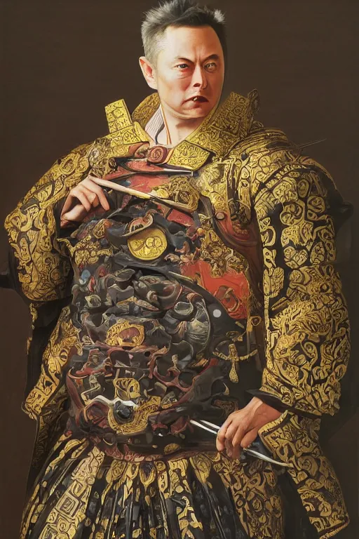 Prompt: Baroque painting of a Elon Musk as a samurai, inspired by Gustav Moreau and Wayne Barlowe, exquisite detail, hyper realism, ornate, exquisite detail, cute face