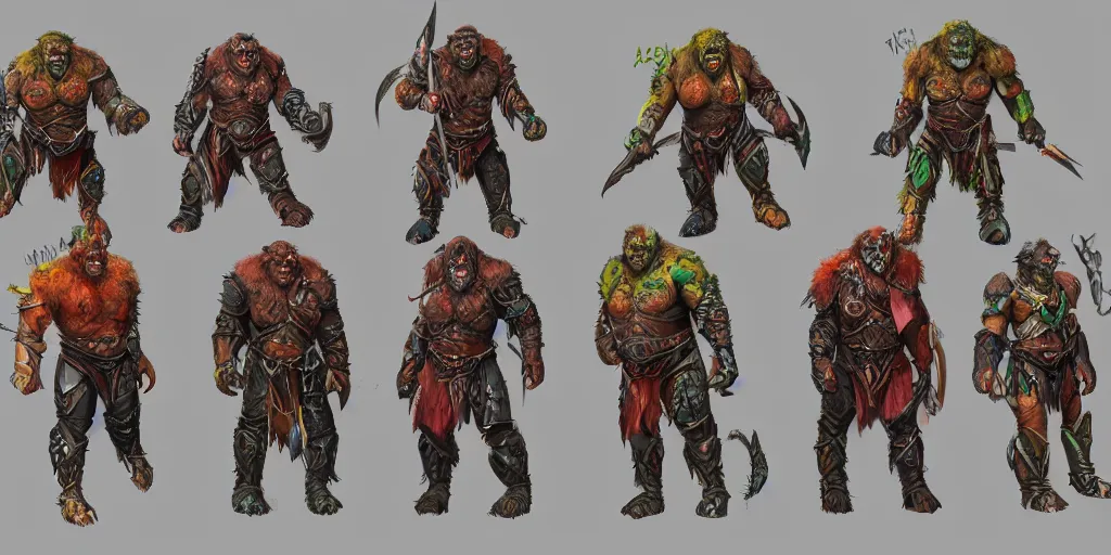 Image similar to different views of orcs in armour, colourful intricate!! concept art by senior character artist, trending on artstation, artstation hd, full body dynamic lighting character render