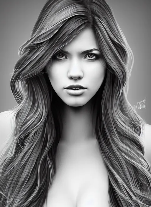 Image similar to full body portrait of a beautiful young woman in black and white, photorealistic, hair down to waist, sharp focus, in the style of Kevin Kostic, Stephen Lau and artgerm, hyper sharp focus, 8k highly detailed