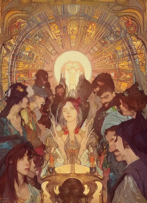 Prompt: the last supper beautiful painting by artgerm and greg rutkowski and alphonse mucha, highly detailed, illustration, epic, fantasy, intricate, hyper detailed, artstation, concept art, smooth, sharp focus, ray tracing