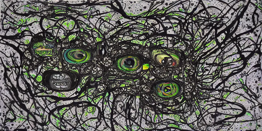 Image similar to camo made of eyes, technical, acrylic, teeth, eerie, tribal, clay, dotting, lines, stipple, points, cybernetic, style of old painting, francis bacon art, swirly eyes, hypnosis, eerie, terror, oil, neon, black and white, splotches, colorful dots, ominous,