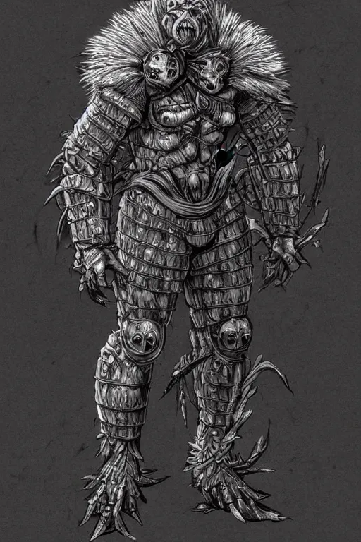 Image similar to armoured warrior humanoid ape monster, symmetrical, highly detailed, digital art, dandelion themed armour, sharp focus, trending on art station, kentaro miura manga art style
