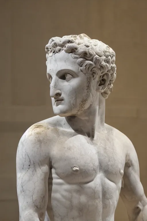 Image similar to an ancient greek marble statue of emmanuel macron, the british museum