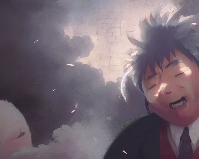 Image similar to a 50 year old brunnete happy chinese man with puffy cheeks bursting in tears on the floor, close up shot, anime art, Greg Rutkowski, studio ghibli, dramatic lighting