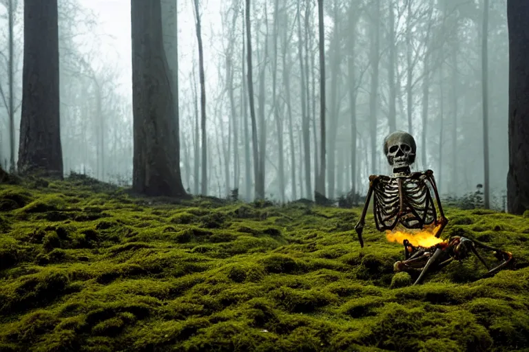 Image similar to a burning with fire human skeleton sitting behind computer, overgrown with moss, in foggy forest, at night with moon, dark atmosphere, by carus carl gustav