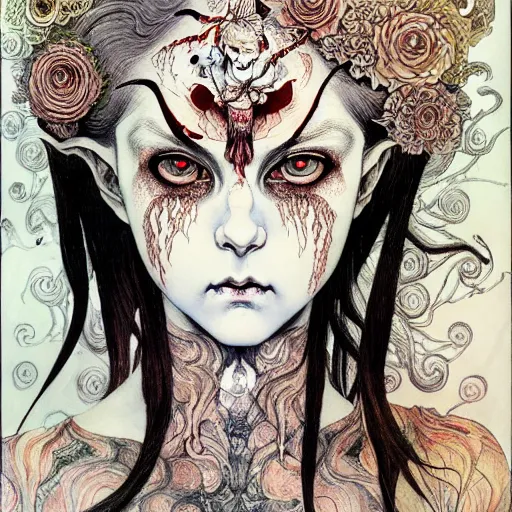 Image similar to prompt: Demon girl face painted in William Blake style drawn by Vania Zouravliov and Takato Yamamoto, intricate oil painting, high detail, Neo-expressionism, post-modern gouache marks on the side, gnarly details soft light, white background, intricate detail, intricate ink painting detail, sharp high detail, manga and anime 2000