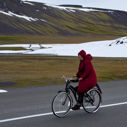 Image similar to A woman in warm clothes traveling by bicycle on the roads of Iceland. The bicycle has saddlebags.