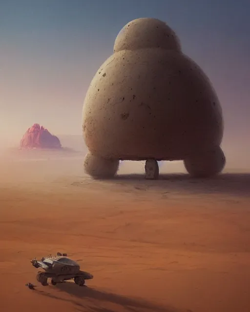 Image similar to a painting of a desert scene with a giant object in the distance, concept art by john harris and by ash thorp and by edouard groult, cgsociety, space art, concept art, sci - fi, dystopian art