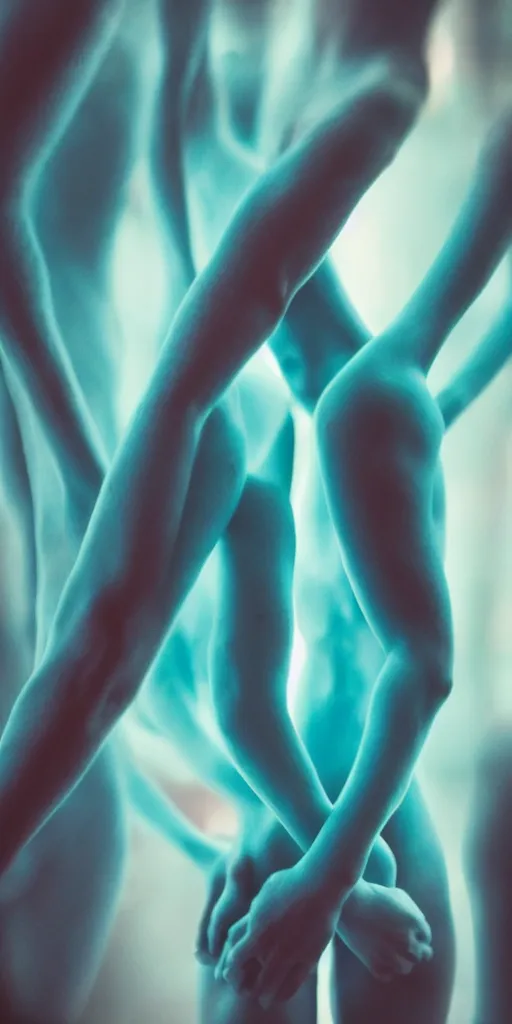 Image similar to a blurry closeup picture of abstract gorgeous human bodies gripping each other tightly, macro photography, long exposure photograph, surrealism, anamorphic bokeh, orange and cyan lighting, cinematic