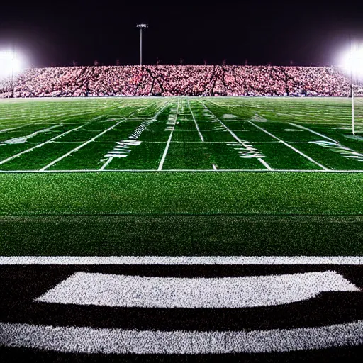 Image similar to american football on a football field with stadium light, epic, hyper realistic award winning sports photography, centered symmetrical composition with border, volumetric lighting