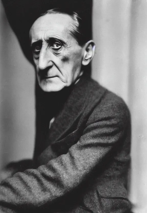 Image similar to a close - up casual photo of marcel duchamp with pensive eyes, 1 9 2 0 s monochrome snapshot, graflex 4 x 5, f 1. 8, 3 5 mm, ilford delta 3 2 0 0 pro