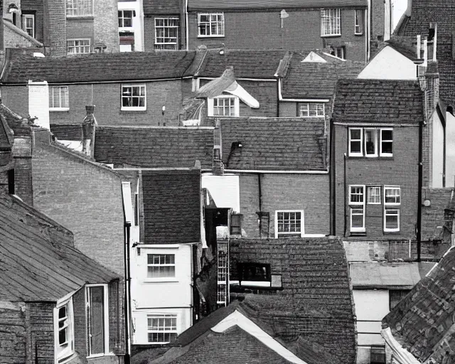 Prompt: view of a british street from an upstairs window, sunny day, cars parked, 2006 photograph