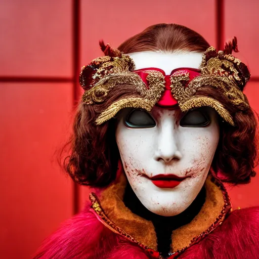 Prompt: highly detailed portrait photography steered gaze of a stern face, wearing a red venetian mask, in autumn, 105mm f2.8 at the grand budapest hotel