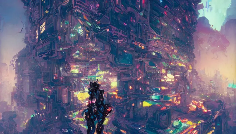 Image similar to psychedelic cyberpunk stylish super soldier in a dark complex scifi vast detailed city, allegorical style, by peter mohrbacher, jeremy mann, francoise nielly, van gogh, ross tran, beautiful, award winning scenery