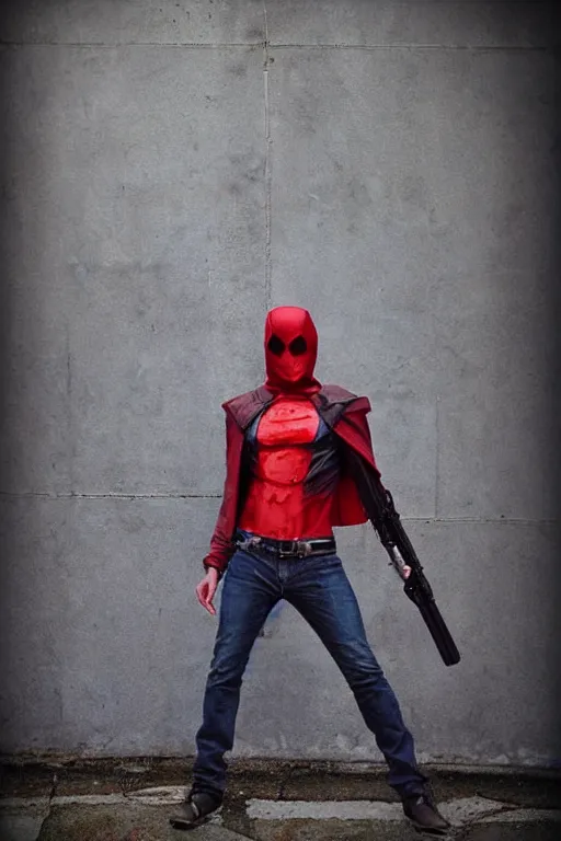 Image similar to red hood cosplay, creepy, disturbing, bloody, darkness, grainy, urban, jeans