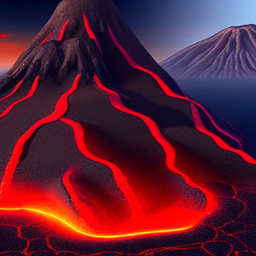 Image similar to 3 d virtual landscape painting, amazing volcanic eruption, three - point lighting, maximum detail, 4 k