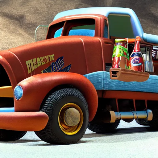 Prompt: tow mater from disney pixar cars 2 2011 drinking soda