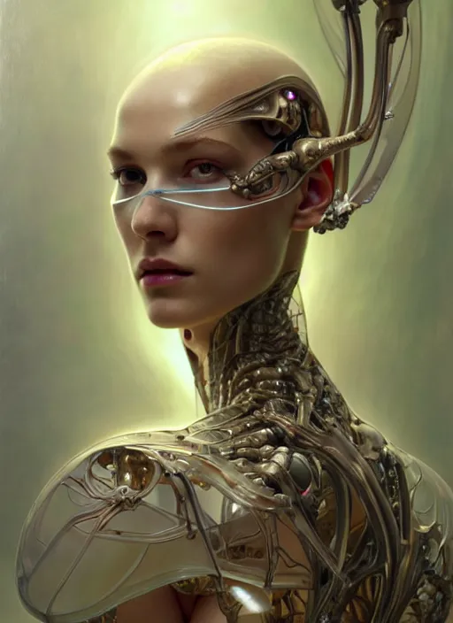 Prompt: organic cyborg, translucent pearlescent skin, diffuse lighting, fantasy, intricate, elegant, highly detailed, lifelike, photorealistic, digital painting, artstation, illustration, concept art, smooth, sharp focus, art by John Collier and Albert Aublet and Krenz Cushart and Artem Demura and Alphonse Mucha