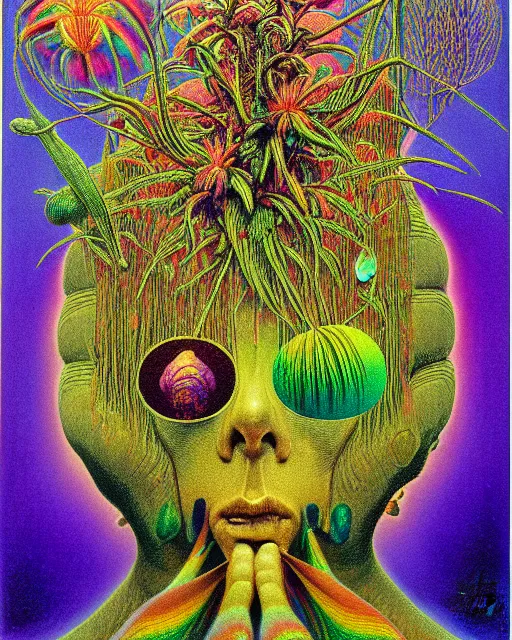 Prompt: a highly detailed realistic surreal trippy weird mysterious otherworldly stunning award winning intricate colorful chromatic aberration, 9 0 s toy commercial, from the 7 0 s, polaroid painting portrait of all of the world's botanical knowledge in one brain, by zdzislaw beksinski, by ernst haeckel, 8 k, hi - res,