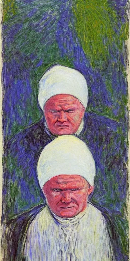 Prompt: portrait of john paul ii wearing piccolo's from dragon ball z white turban with a dome on top by claude monet