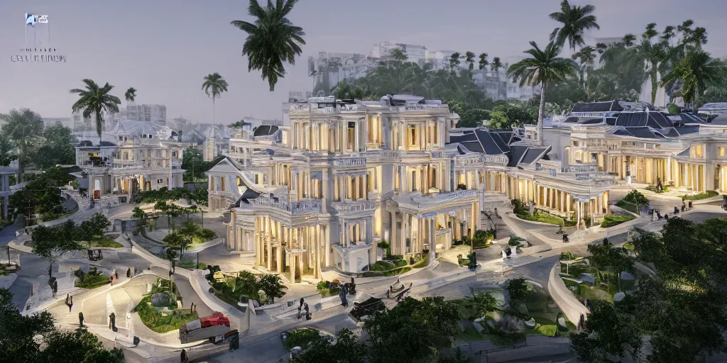 Prompt: 3d rendering of beautiful nature meets neoclassical and ultra modern architecture concept of a low density residential community, volumetric lighting, luxury, high detail, 14mm, mix of red and white marbles and granite structures, some marble statues can be seen, cinematic photography, cg architects, high resolution