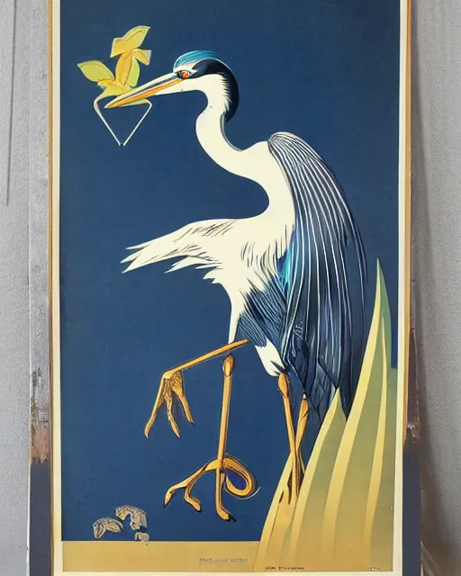 Image similar to vintage art deco hybrid animal poster depicting a heron with cat ears and paws