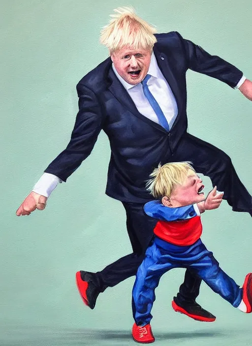 Prompt: Photorealistic painting of Boris Johnson kicking a child version of rishi sunak