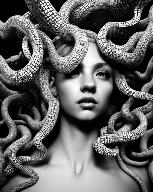 Image similar to surreal mythical dreamy artistic black and white fine art photo of a beautiful young female medusa - cyborg covered with fish scales and algae, highly detailed, intricate crystal ivy jelly fish scales ornate, poetic, octane render, 8 k, photo - realistic