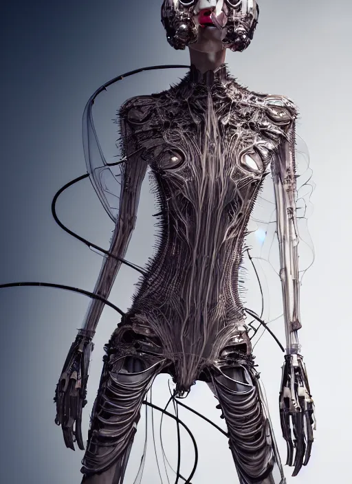 Image similar to desert, catwalk, iris van herpen gothic inflateble dark dress, perfect symmetrical body, helmet on face, full body shot, inflateble shapes, wires, tubes, veins, jellyfish, white biomechanical details, wearing epic bionic cyborg implants, masterpiece, intricate, biopunk, vogue, highly detailed, artstation, concept art, cyberpunk, octane render