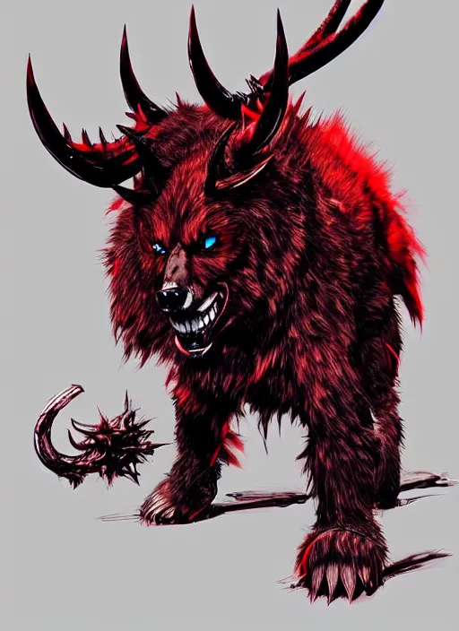 Prompt: A horned bear demon shadow spirit with red fur and sharp claws. In style of Yoji Shinkawa and Hyung-tae Kim, trending on ArtStation, dark fantasy, great composition, concept art, highly detailed.