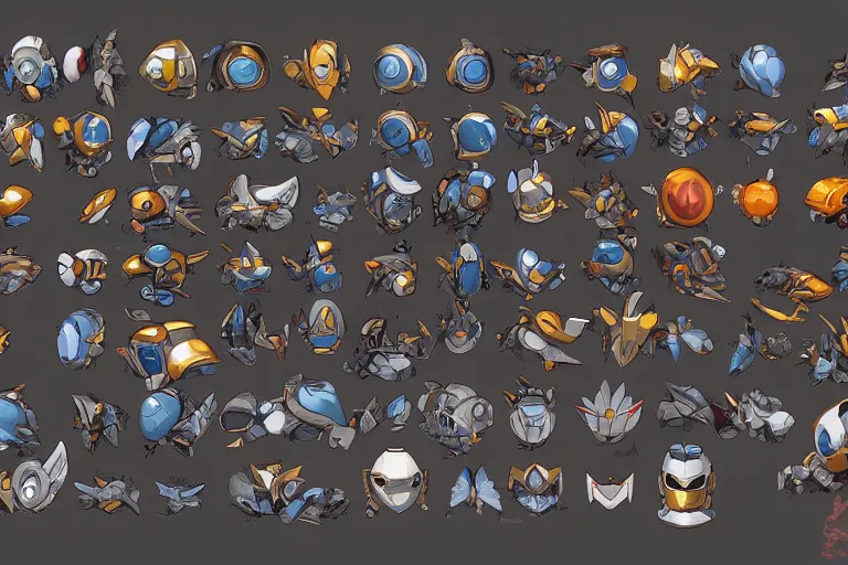 Image similar to megaman stage select item concept art grid of legendary artifact loot headgear by artgerm and Craig Mullins, James Jean, Andrey Ryabovichev, Mark Simonetti and Peter Morbacher 16k