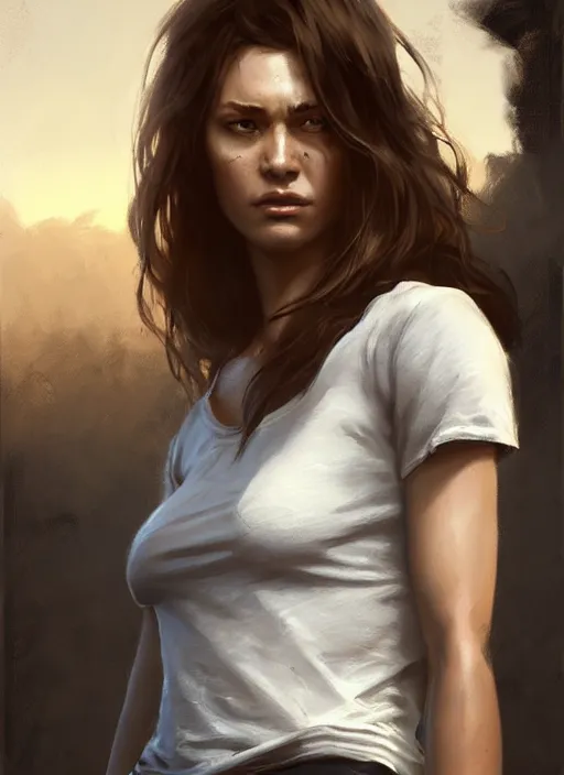 Image similar to epic portrait cinematic shot an female survivor wearing a white t shirt and a military vest, flowing hair, sweaty skin, fine details. night setting. realistic shaded lighting poster by craig mullism, artgerm, jeremy lipkin and michael garmash, unreal engine, radiant light, detailed and intricate environment, digital art, trending on art station,