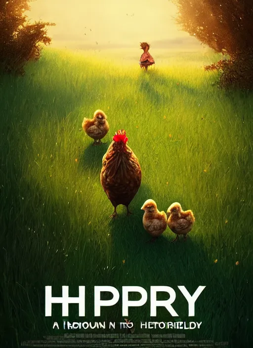 Image similar to a hen and her two chicks on a meadow, happy movie poster by nuri iyem, james gurney, james jean, greg rutkowski, anato finnstark. pixar. hyper detailed, 5 0 mm, award winning photography, perfect faces