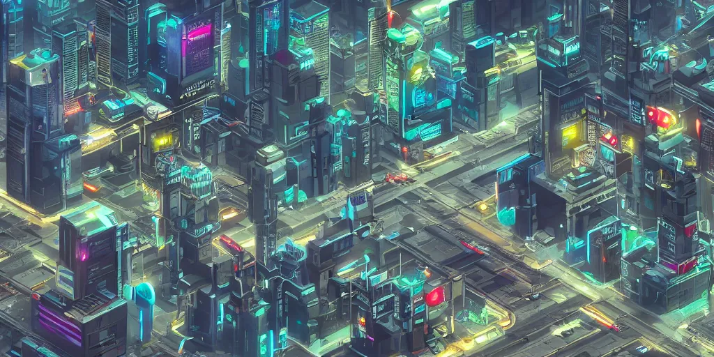 Image similar to cyberpunk city, isometric, 4K, vray render, wide angle