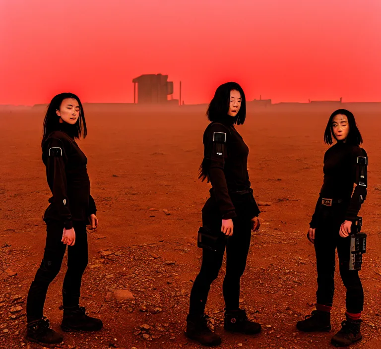 Image similar to cinestill 5 0 d 3 5 mm photographic portrait of two loving female androids wearing rugged black techwear on a desolate plain with a red sky, lizard on ground, cyberpunk style, a brutalist dark metal facility in background, dust storm, 8 k, high resolution, f / 3. 2, ultra realistic faces