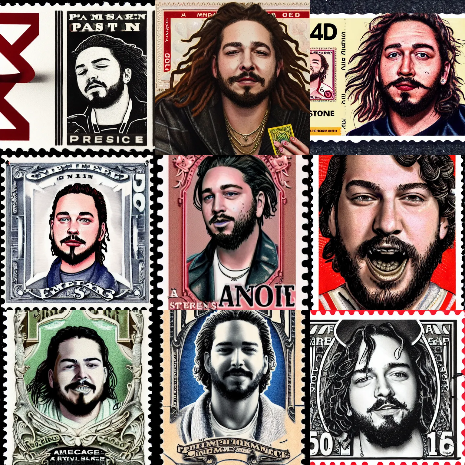Prompt: a closeup photorealistic illustration of post malone displaying a vintage american postage stamp with his face on it. fine detail. this 4 k hd image is trending on artstation, featured on behance, well - rendered, extra crisp, features intricate detail, epic composition and the style of unreal engine.