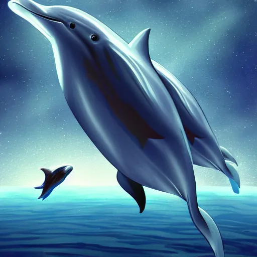 Prompt: a spaceship flies past an alien ocean and a dolphin wistfully watches from the water, sci-fi digital art illustration,