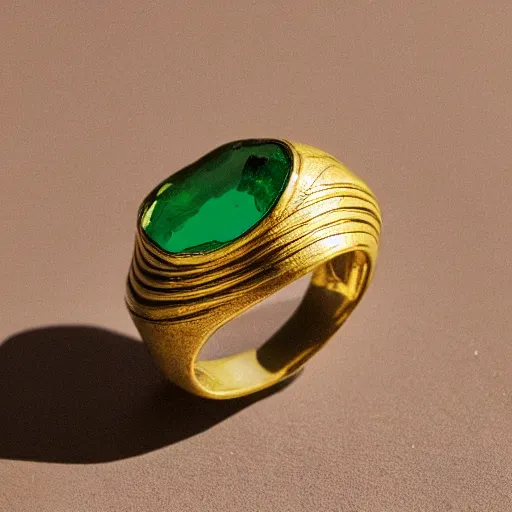 Image similar to Band of Spellbinding, a golden ring adorned with green uranium gems and silver lines.