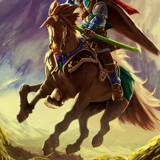 Prompt: Link from Ocarina of Time, riding a majestic horse through The lost woods of Hyrule, D&D, fantasy, intricate, elegant, highly detailed, digital painting, artstation, concept art, matte, sharp focus, illustration, art by Artgerm and Greg Rutkowski and Alphonse Mucha