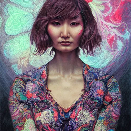 Image similar to portrait of gemma chan, hyper detailed masterpiece, neon floral pattern, jean giraud, digital art painting, darkwave goth aesthetic, psychedelic, artgerm, donato giancola and tom bagshaw