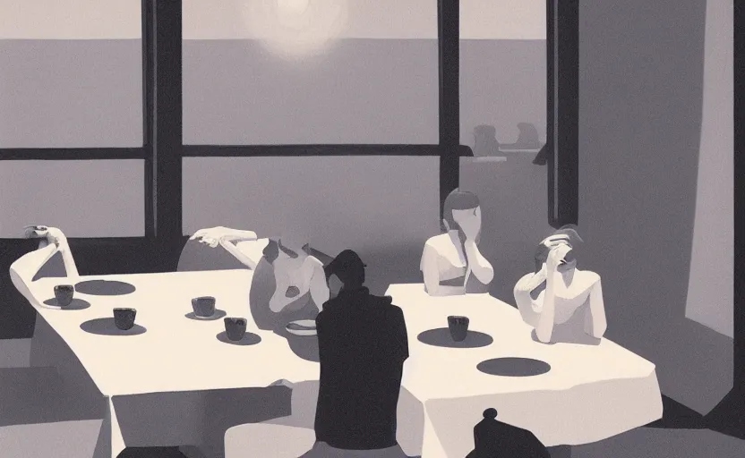 Prompt: a mysterious surreal dimly lit dinner scene illustration by atey ghailan and escher and edward hopper, surreal