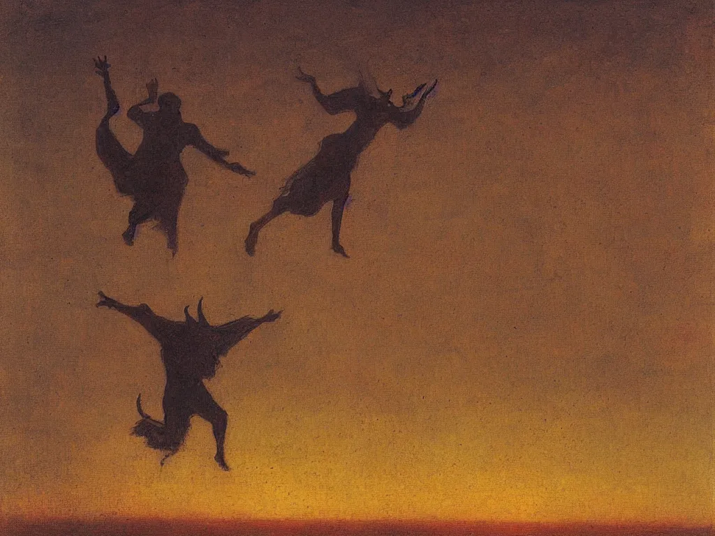 Image similar to painting by mikalojus konstantinas ciurlionis. devil jumping from roof to roof. sunset.