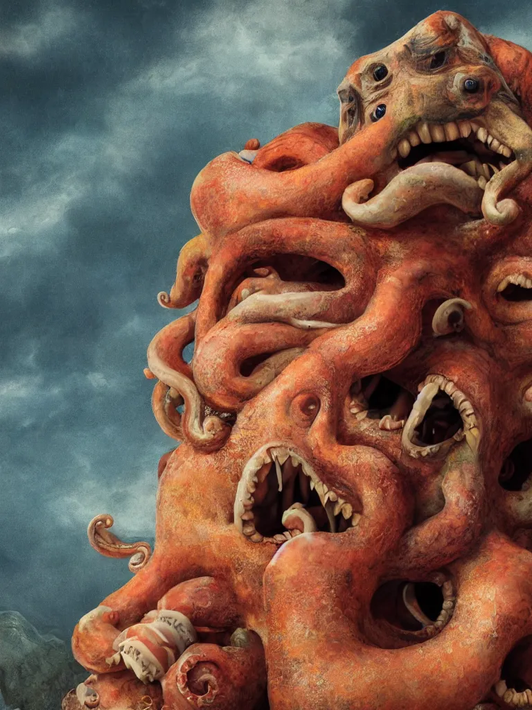 Prompt: a widescreen colorchrome closeup detailed portrait photo of a medieval old happy screaming priest, holding a detailed detailed detailed giant giant octopus, style steve mccurry octane render 8 k